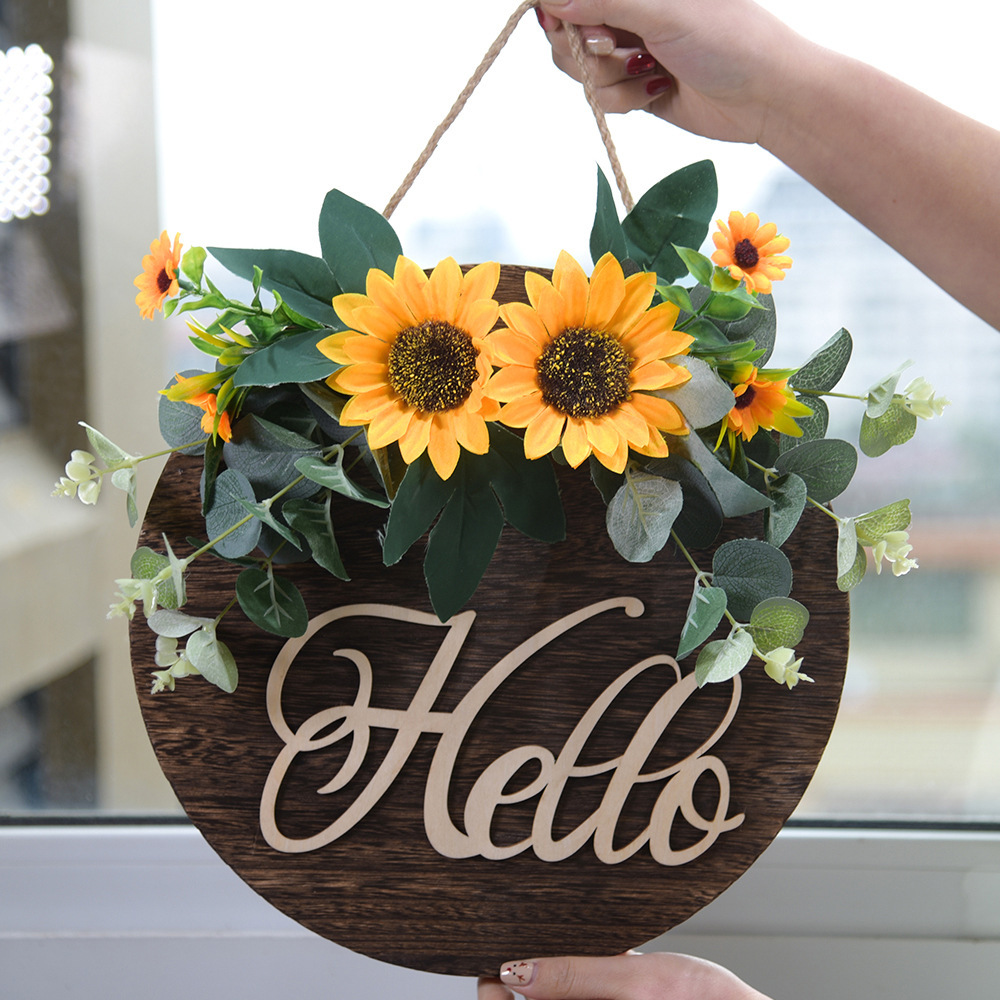 Cross-Border Wooden Doorplate Decoration Country American Sunflower Hanging Home Wall Decoration Pendant Hello Doorplate