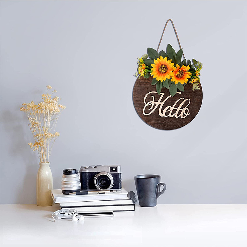 Cross-Border Wooden Doorplate Decoration Country American Sunflower Hanging Home Wall Decoration Pendant Hello Doorplate