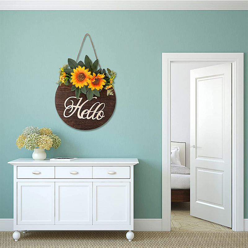 Cross-Border Wooden Doorplate Decoration Country American Sunflower Hanging Home Wall Decoration Pendant Hello Doorplate