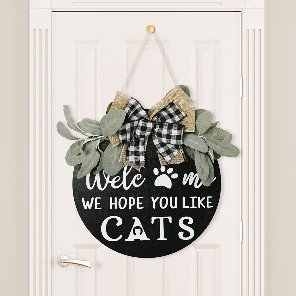 New American Country Wooden Doorplate Plaid Bow Home Wall Decoration Garland Door Decoration DogCAT