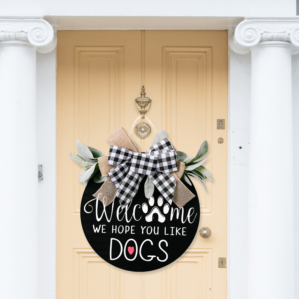 New American Country Wooden Doorplate Plaid Bow Home Wall Decoration Garland Door Decoration DogCAT