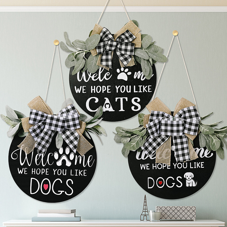 New American Country Wooden Doorplate Plaid Bow Home Wall Decoration Garland Door Decoration DogCAT New American Country Wooden Doorplate Plaid Bow Home Wall Decoration Garland Door Decoration DogCAT