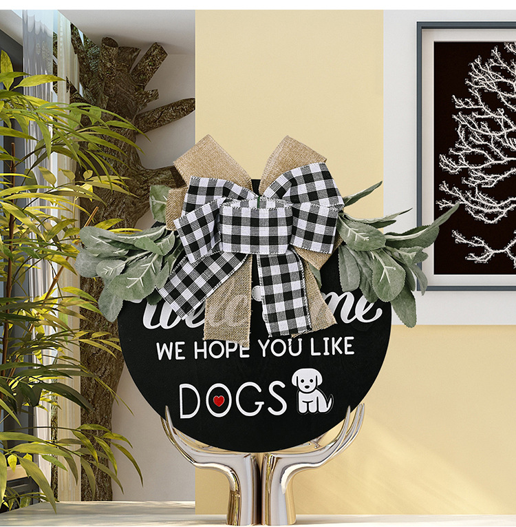 New American Country Wooden Doorplate Plaid Bow Home Wall Decoration Garland Door Decoration DogCAT New American Country Wooden Doorplate Plaid Bow Home Wall Decoration Garland Door Decoration DogCAT
