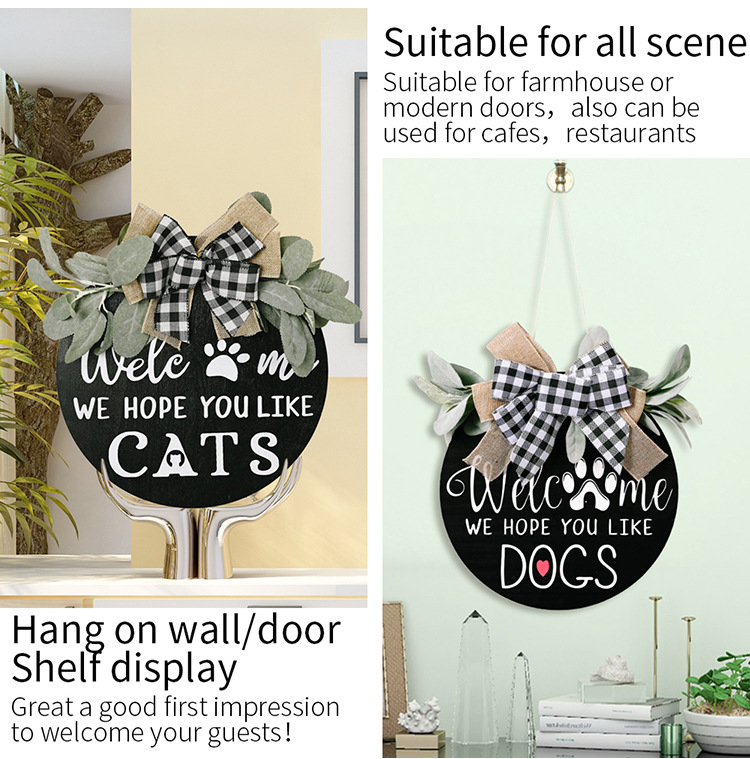 New American Country Wooden Doorplate Plaid Bow Home Wall Decoration Garland Door Decoration DogCAT New American Country Wooden Doorplate Plaid Bow Home Wall Decoration Garland Door Decoration DogCAT