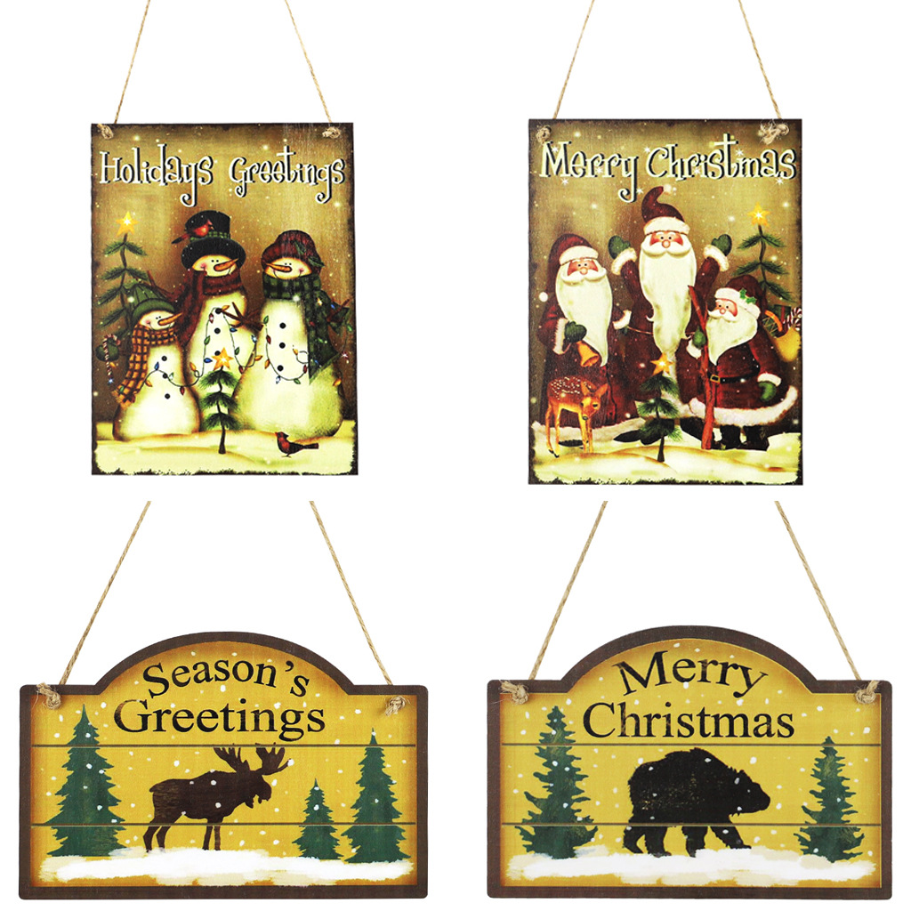 2021 New Wooden Christmas Pendants North American Country Style Old Man Snowman Brown Bear Elk Christmas Wood Piece Doorplate