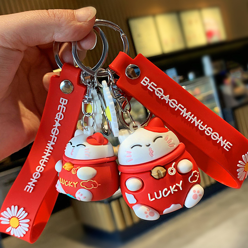 Lucky Fortune Cat Keychain Creative Three-Dimensional Cartoon Doll Cute Couple Automobile Hanging Ornament Crafts Wholesale