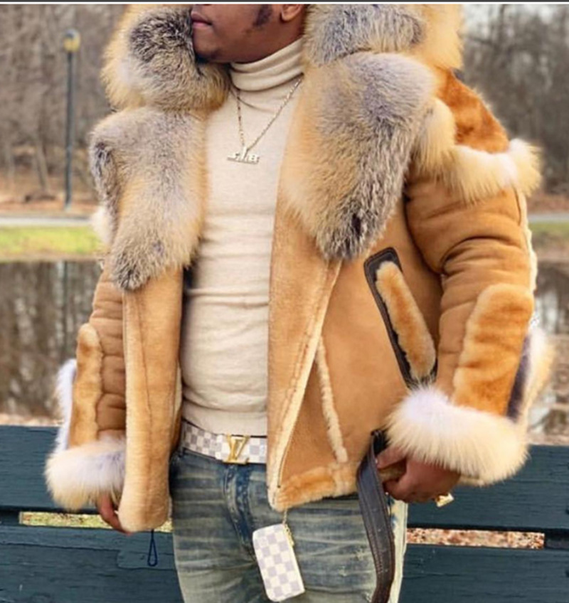List Lazada Hot Selling Wish Men&#039;s Artificial Leather Flocking Leather and Fur in One Large Fur Collar LongSleeved Coat