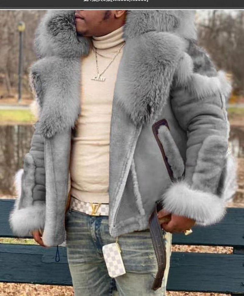 List Lazada Hot Selling Wish Men&#039;s Artificial Leather Flocking Leather and Fur in One Large Fur Collar LongSleeved Coat
