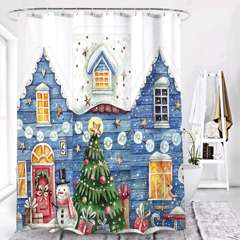 Foreign Trade Christmas Style Shower Curtain Digital Printing Polyester Bathroom Block Bath Curtain Factory Wholesale Can Be Customized in the Store