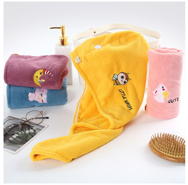 New Coral Velvet Cartoon Embroidery Hair-Drying Cap Gift Women's Long Hair Soft Absorbent Lady Internet Celebrity Baotou Shower Cap New Coral Velvet Cartoon Embroidery Hair-Drying Cap Gift Women's Long Hair Soft Absorbent Lady Internet Celebrity Baotou Shower Cap