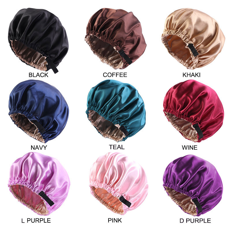 Satin Nightcap Invisible Flat Adjustable Buckle Artificial Silk Double Layer round Cap Shower Cap Beauty Hair Hat