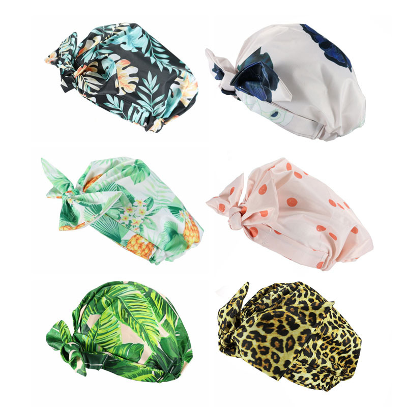 Shower Cap Waterproof Amazon Elastic Bow Black and White Stripes Shower Cap Female Yiwu Manufacturers Customizable Pattern