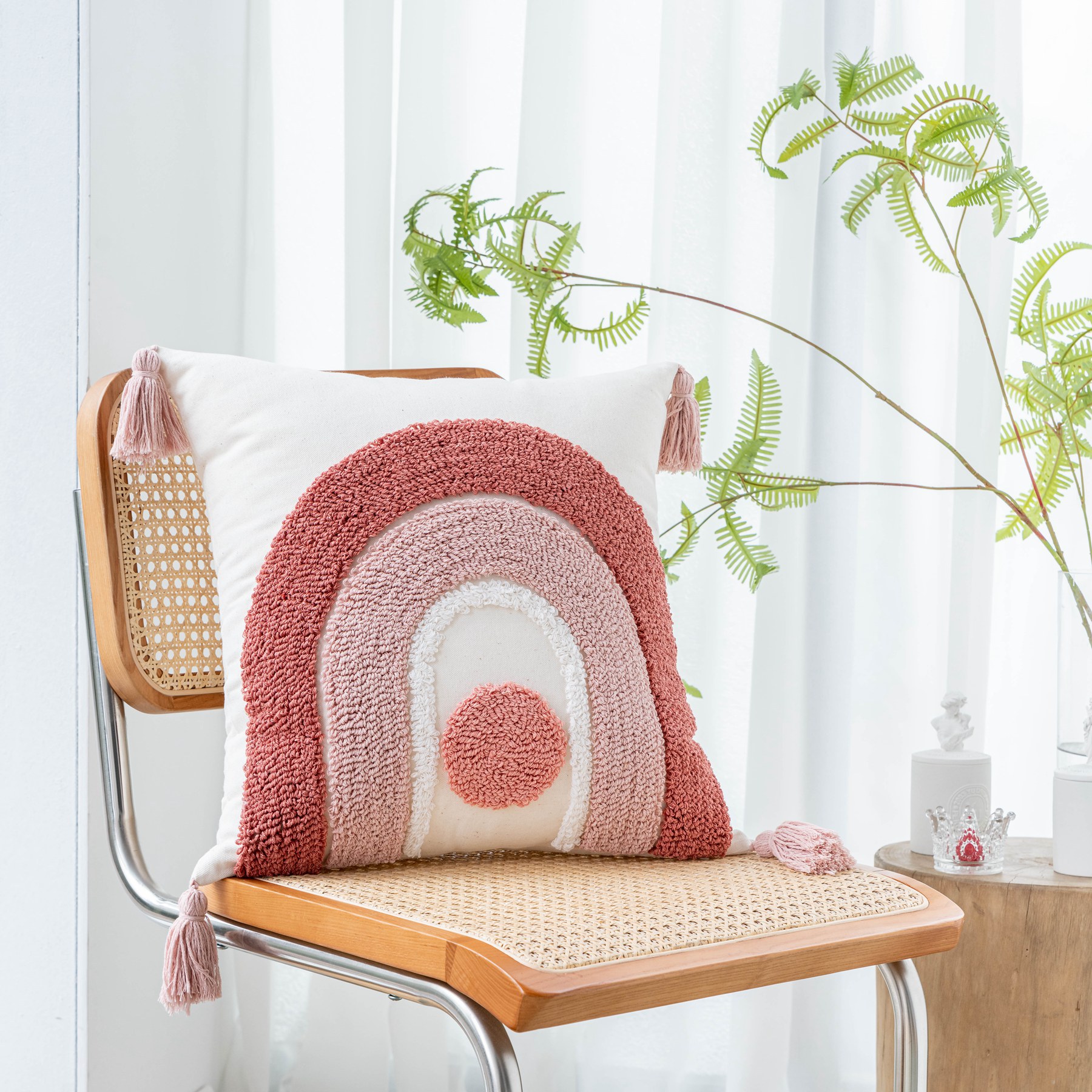 INS Style Bohemian Pillow Pink Rainbow Velvet Tassel Sofa Cushion Bed Cushion for Leaning on (without Pillow Core)