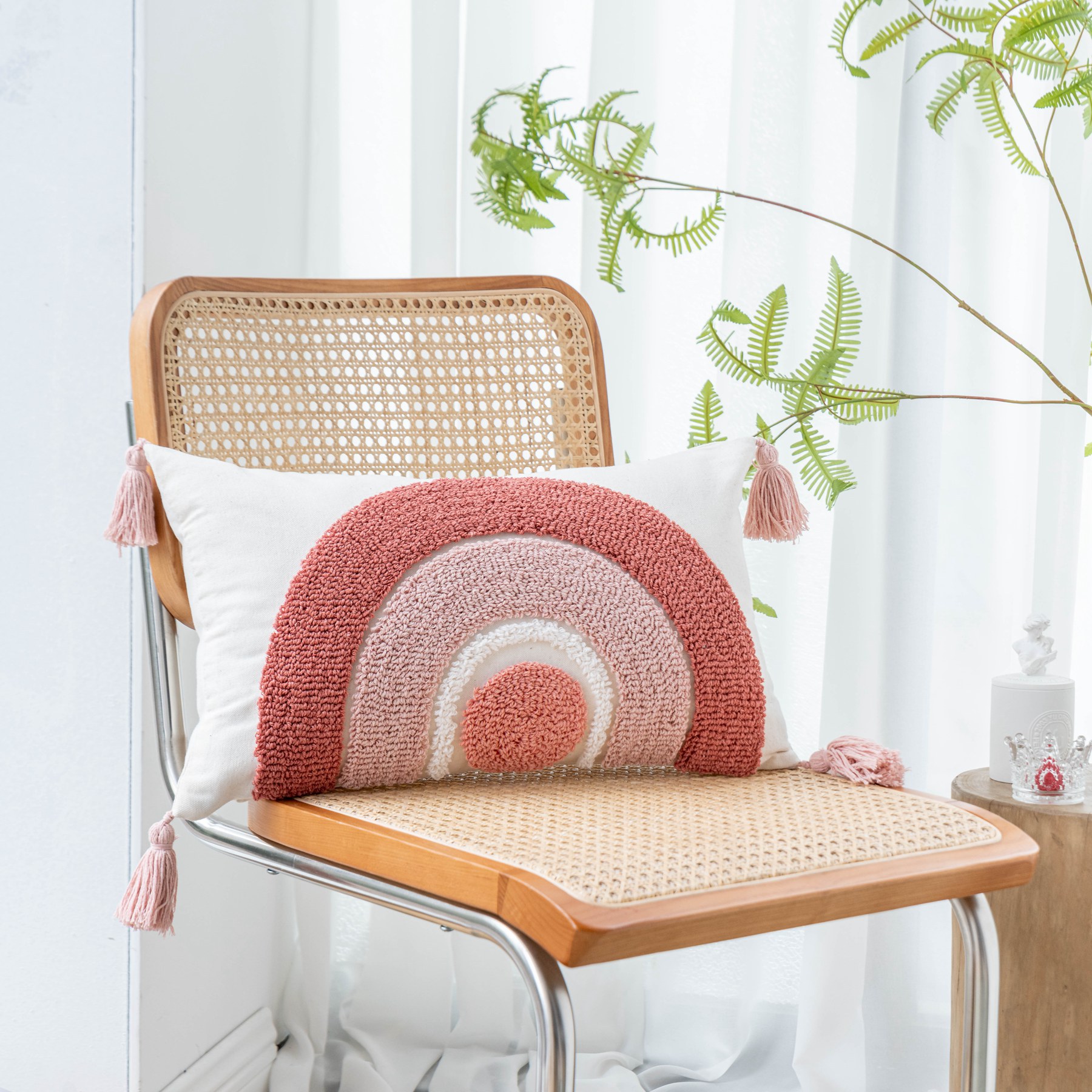 INS Style Bohemian Pillow Pink Rainbow Velvet Tassel Sofa Cushion Bed Cushion for Leaning on (without Pillow Core)