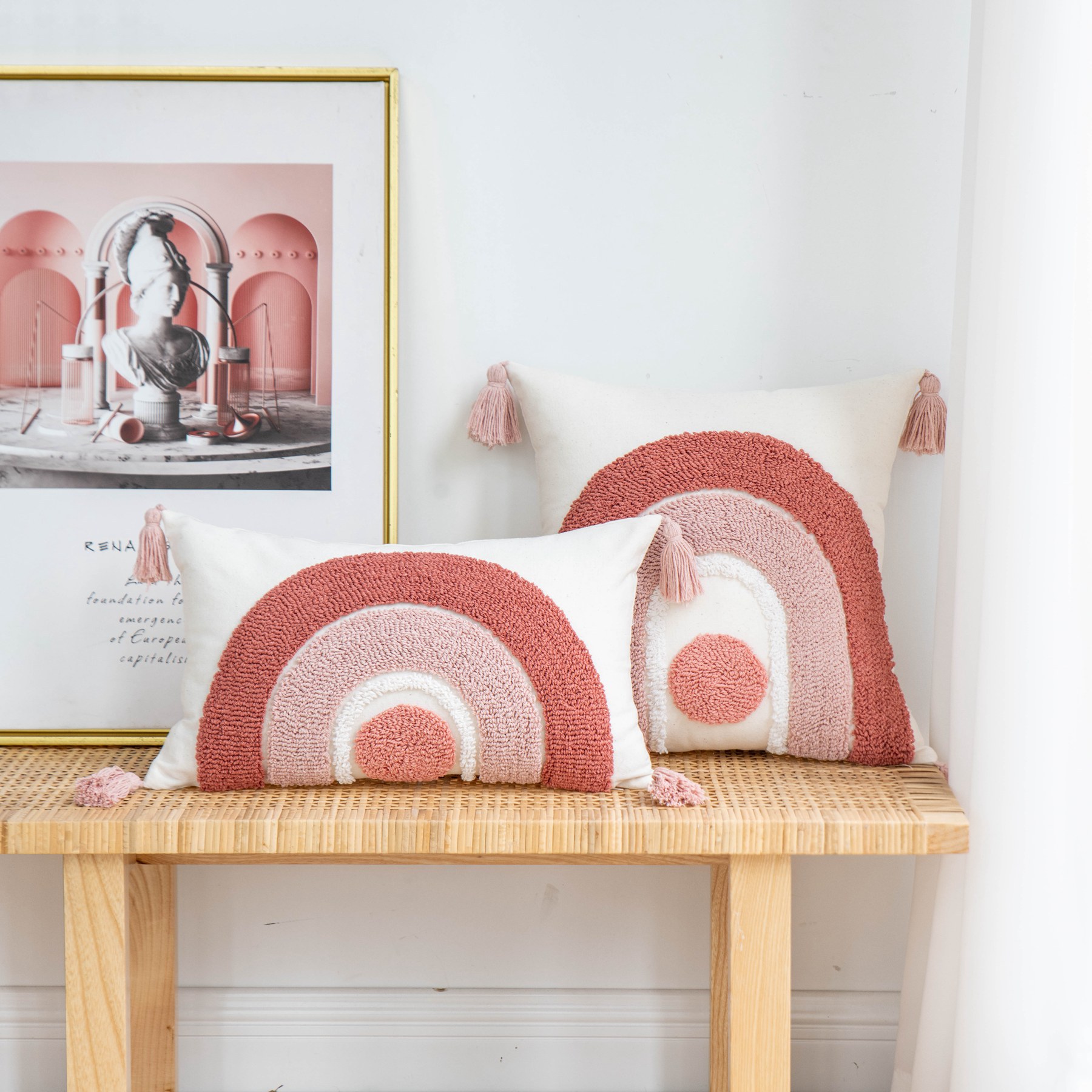 INS Style Bohemian Pillow Pink Rainbow Velvet Tassel Sofa Cushion Bed Cushion for Leaning on (without Pillow Core) INS Style Bohemian Pillow Pink Rainbow Velvet Tassel Sofa Cushion Bed Cushion for Leaning on (without Pillow Core)