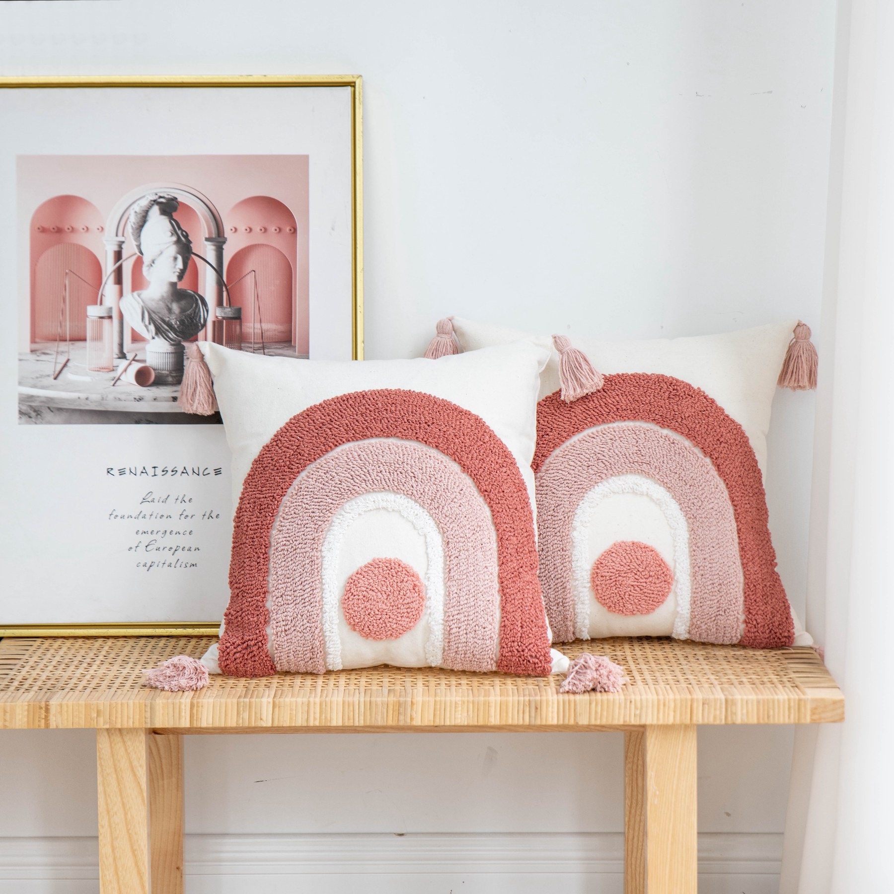 INS Style Bohemian Pillow Pink Rainbow Velvet Tassel Sofa Cushion Bed Cushion for Leaning on (without Pillow Core) INS Style Bohemian Pillow Pink Rainbow Velvet Tassel Sofa Cushion Bed Cushion for Leaning on (without Pillow Core)