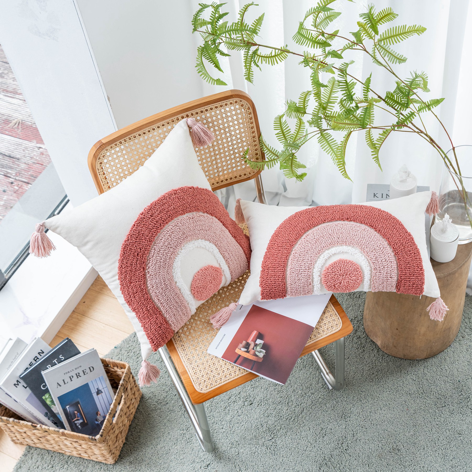 INS Style Bohemian Pillow Pink Rainbow Velvet Tassel Sofa Cushion Bed Cushion for Leaning on (without Pillow Core) INS Style Bohemian Pillow Pink Rainbow Velvet Tassel Sofa Cushion Bed Cushion for Leaning on (without Pillow Core)