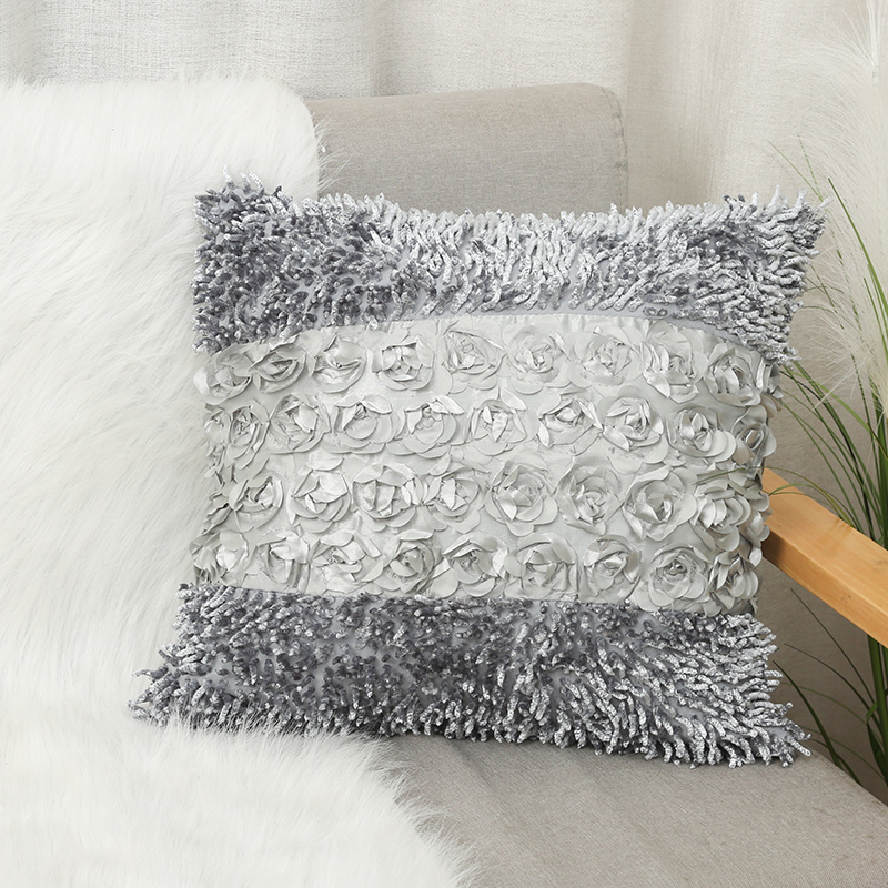Combination of Three Rose Tassel Pillow Cover Fashion Winter Throw Pillowcase Sofa Cushion Case Pillow Cover