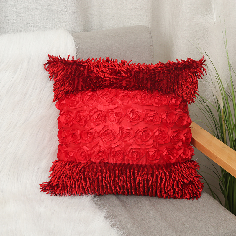 Combination of Three Rose Tassel Pillow Cover Fashion Winter Throw Pillowcase Sofa Cushion Case Pillow Cover