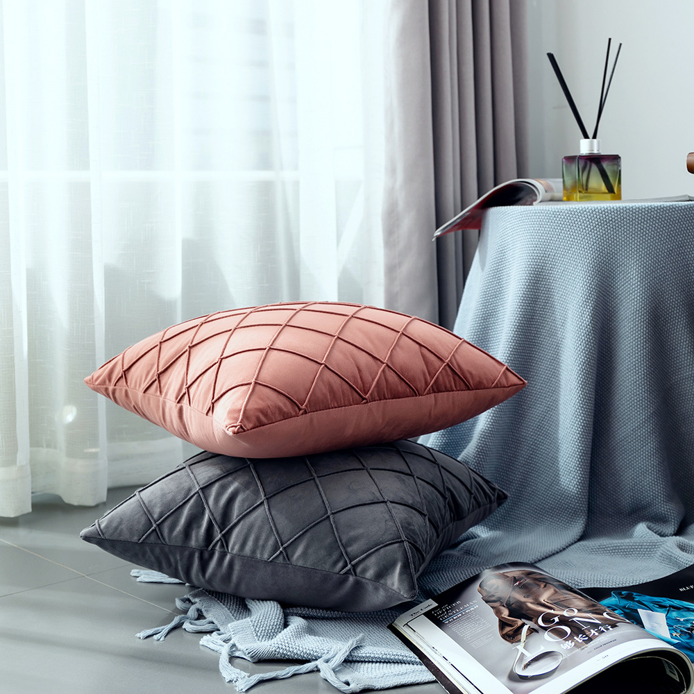 Cross-Border Hot Solid Color Velvet Plaid Pillow Cover Home Couch Pillow Bedside Cushion Short-Plush Cushion