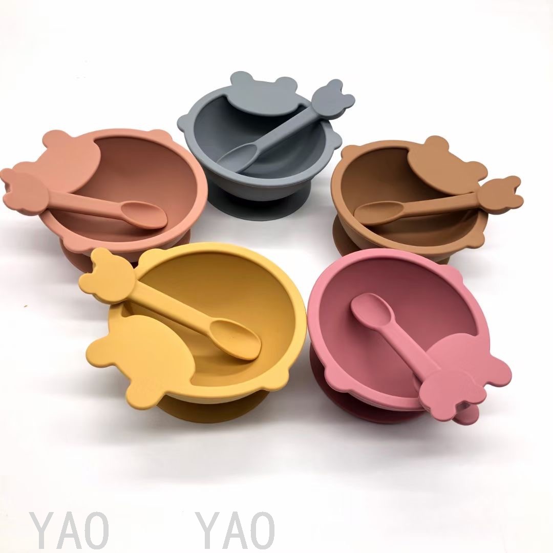Babies' Tableware Set Silicone Children's Tray Bowl Spoon Bib Baby Eat Training Complementary Food Feeding Gift