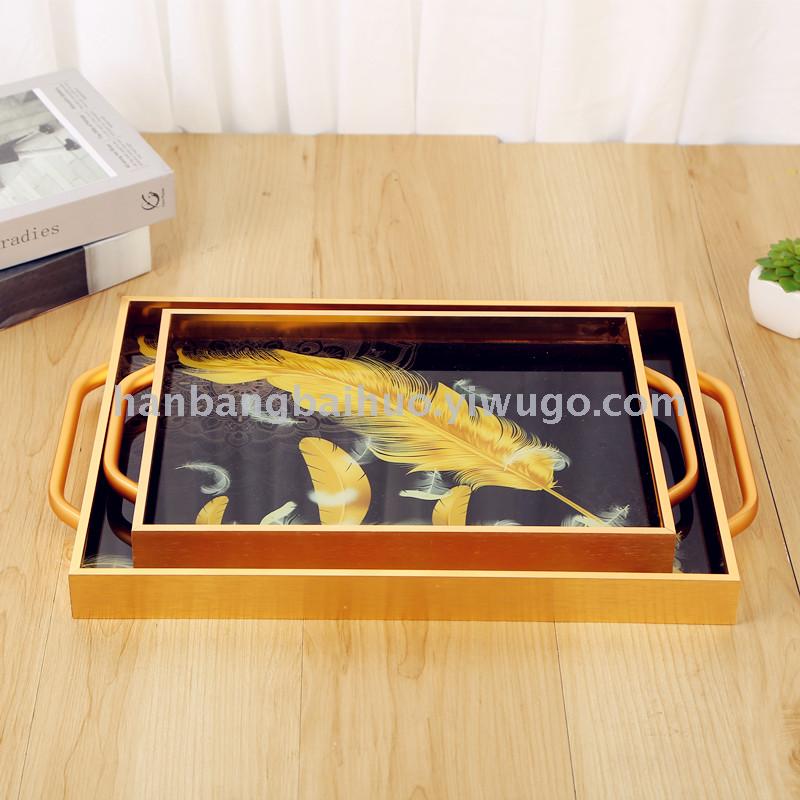 European luxury American light luxury metal tea tray tray household teacup hollow glass mirror living room decorations