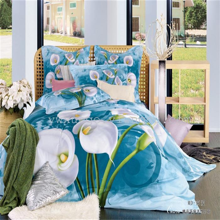 Cotton four set twill reactive printing 3D four sets of 100% cotton bedding set of four snow pigeon textile exports