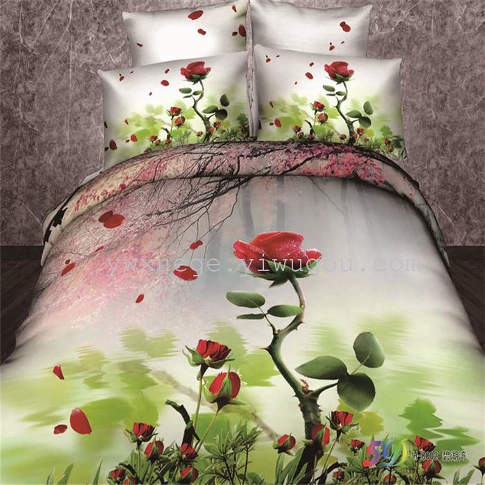 Cotton four set twill reactive printing 3D four sets of 100% cotton bedding set of four snow pigeon textile exports