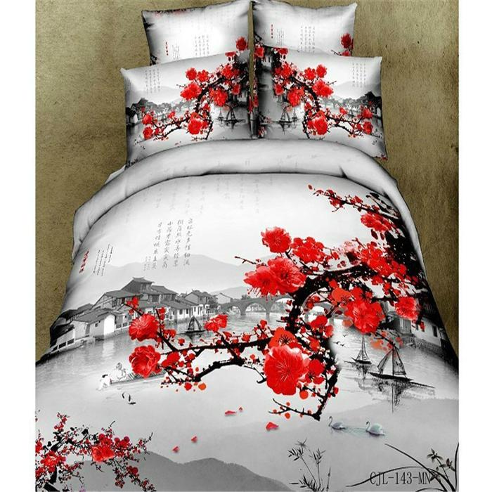 Cotton four set twill reactive printing 3D four sets of 100% cotton bedding set of four snow pigeon textile exports