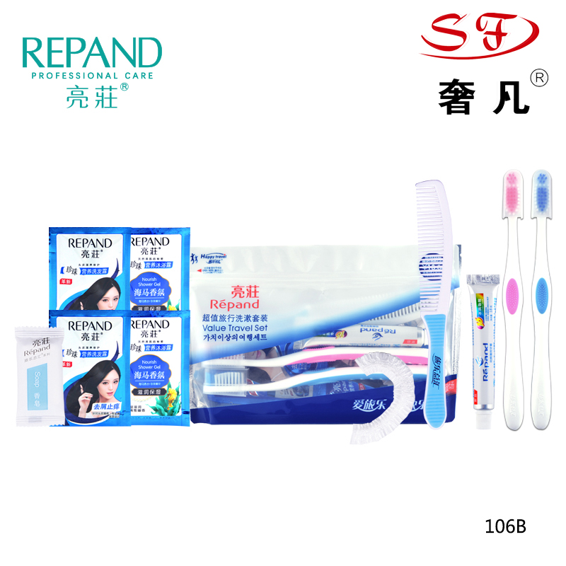 A disposable product toothbrush toothpaste shampoo shower gel travel package. A disposable product toothbrush toothpaste shampoo shower gel travel package.