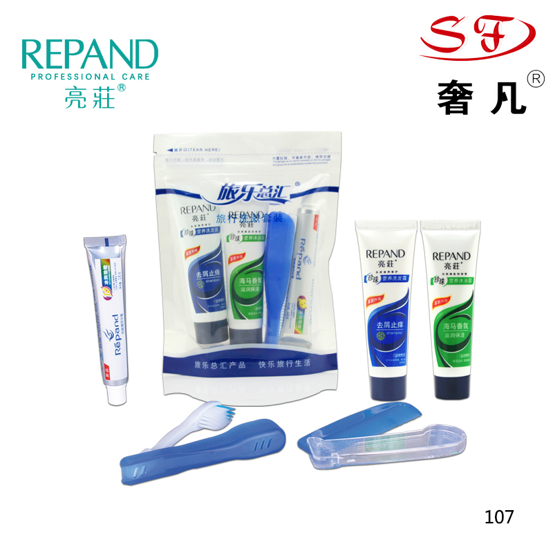 A disposable product toothbrush toothpaste shampoo shower gel travel package. A disposable product toothbrush toothpaste shampoo shower gel travel package.