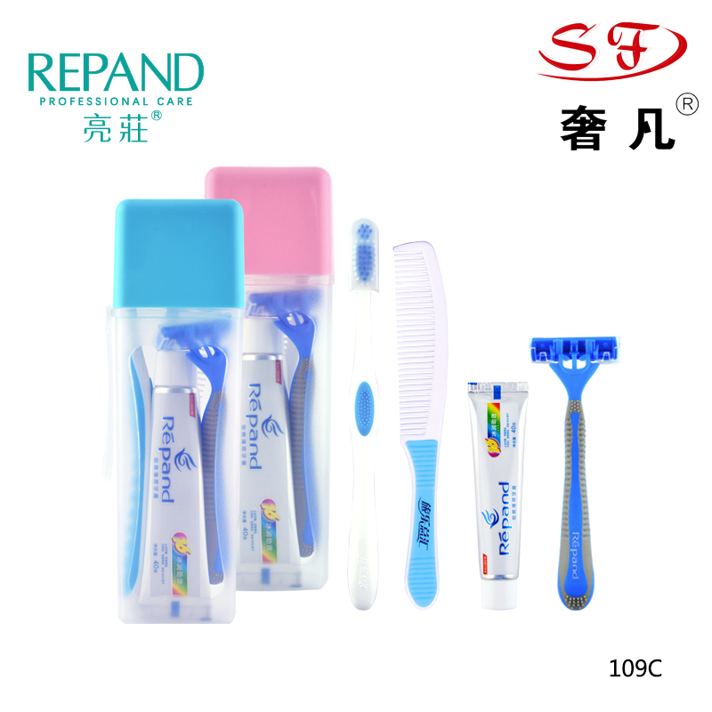 A disposable product toothbrush toothpaste shampoo shower gel travel package. A disposable product toothbrush toothpaste shampoo shower gel travel package.