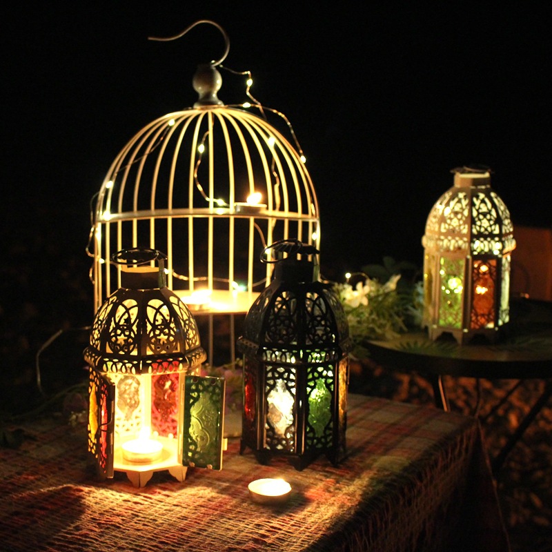 Ramadan Arab European Style Wedding Decoration Craft Gift Retro Iron Art Morocco Colorful Storm Lantern Candlestick