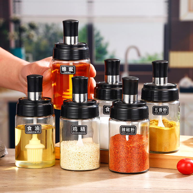 Spoon And Lid Integrated Seasoning Jar Pepper Salt Jar Kitchen Seasoning Can Sucrier Honey Pot Glass Condiment Bottle Set
