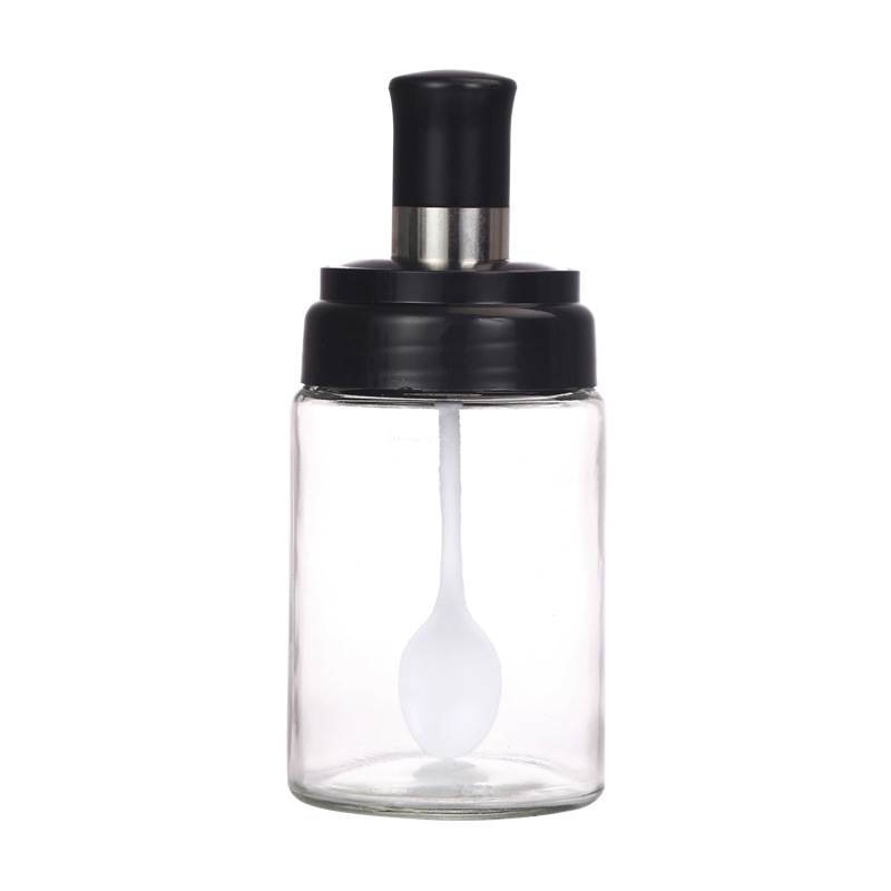 Spoon And Lid Integrated Seasoning Jar Pepper Salt Jar Kitchen Seasoning Can Sucrier Honey Pot Glass Condiment Bottle Set