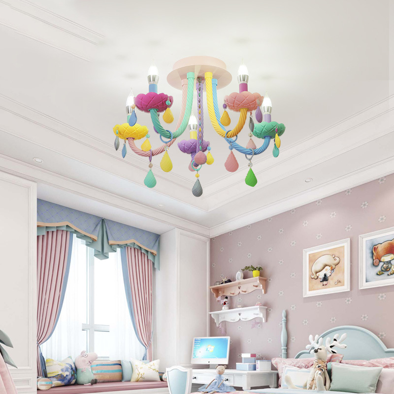Nordic Macaron crystal ceiling lamp Simple American bedroom LED eye-care warm princess room lamps and lanterns