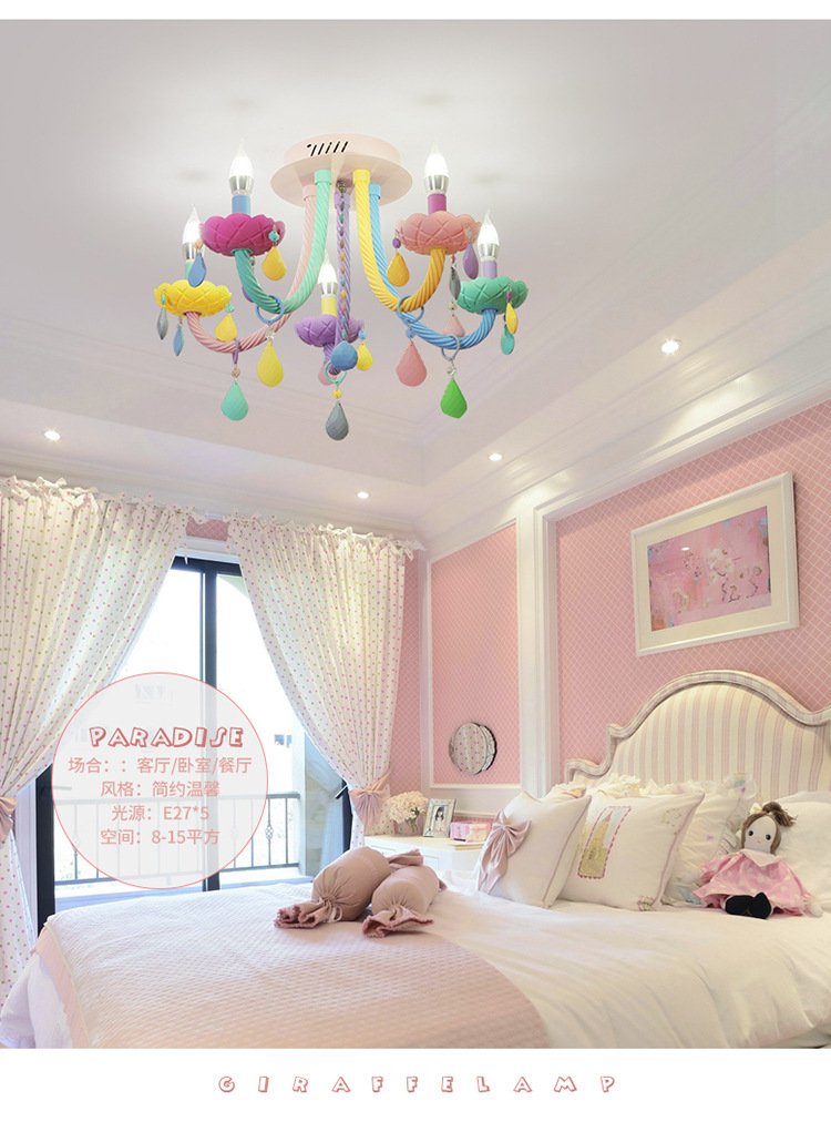 Nordic Macaron crystal ceiling lamp Simple American bedroom LED eye-care warm princess room lamps and lanterns