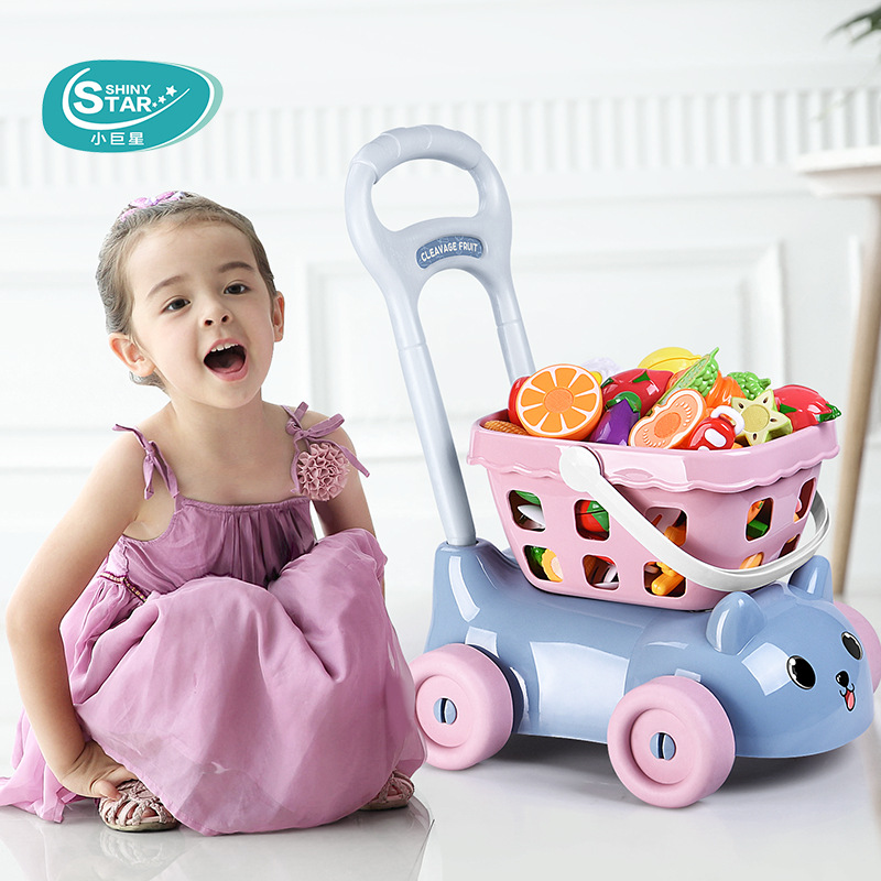 Children&#039;s supermarket cash register hand cart baby kitchen over boys toys girls cutting fruit joy