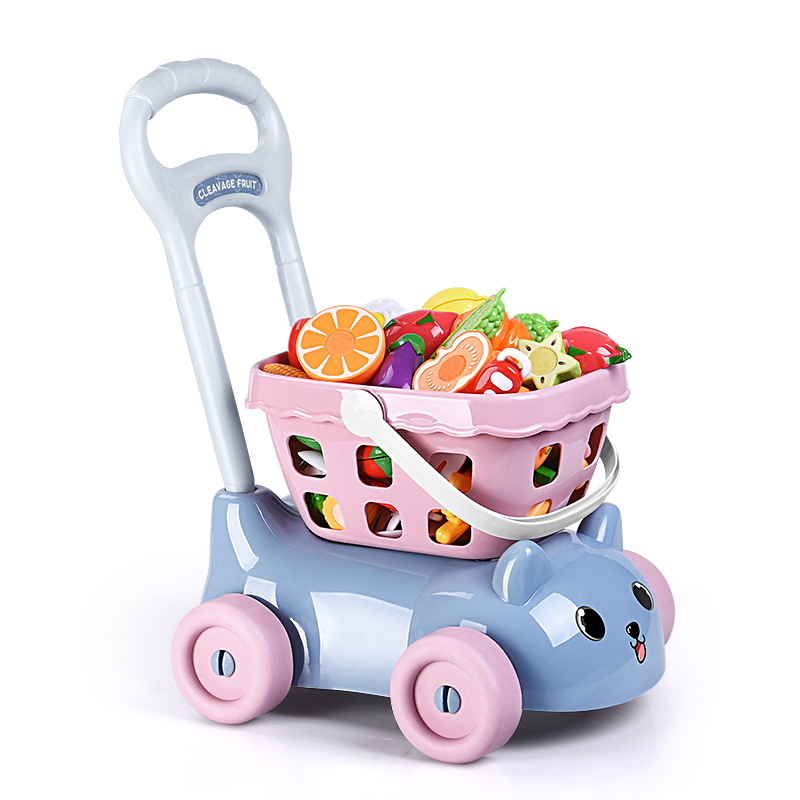 Children&#039;s supermarket cash register hand cart baby kitchen over boys toys girls cutting fruit joy