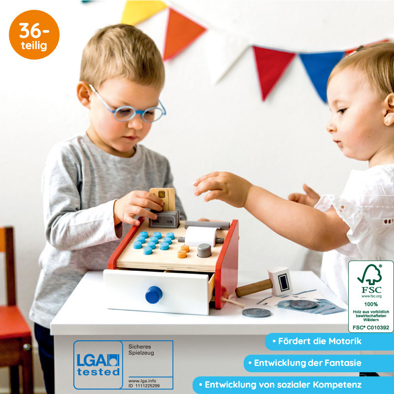 Factory Direct Sales Export Original Wooden Simulation Cash Register Collection Desk Children Counting Money Coin Play House Toy