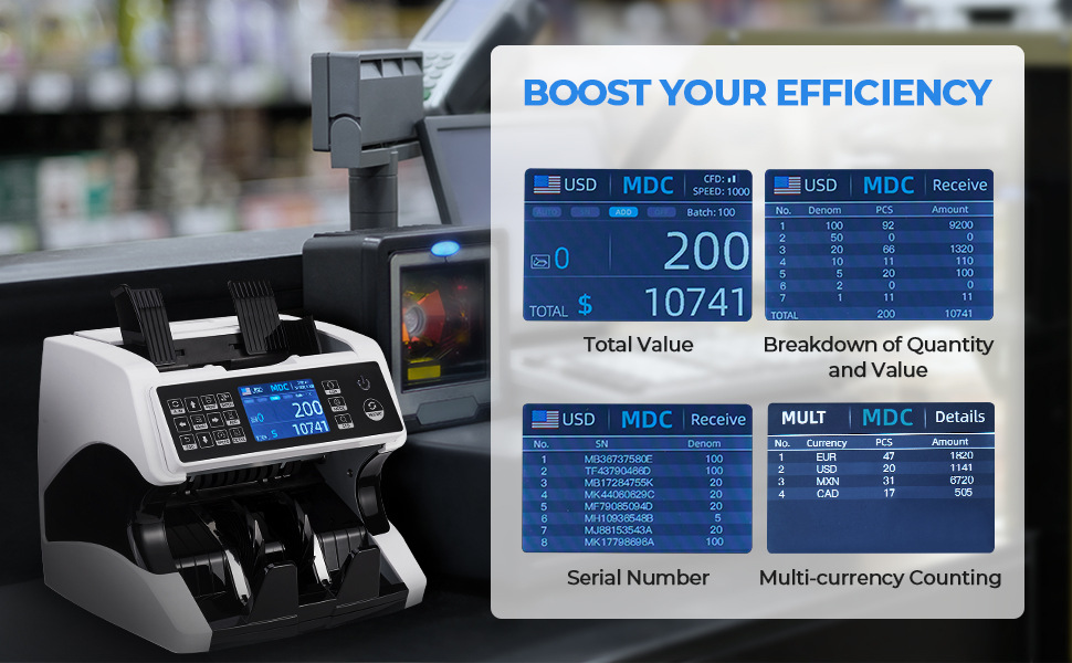 Multi-Currency Total Vertical Cash Register Dual CIS Image Recognition US Dollar Euro Multi-Currency Foreign Currency Cash Register