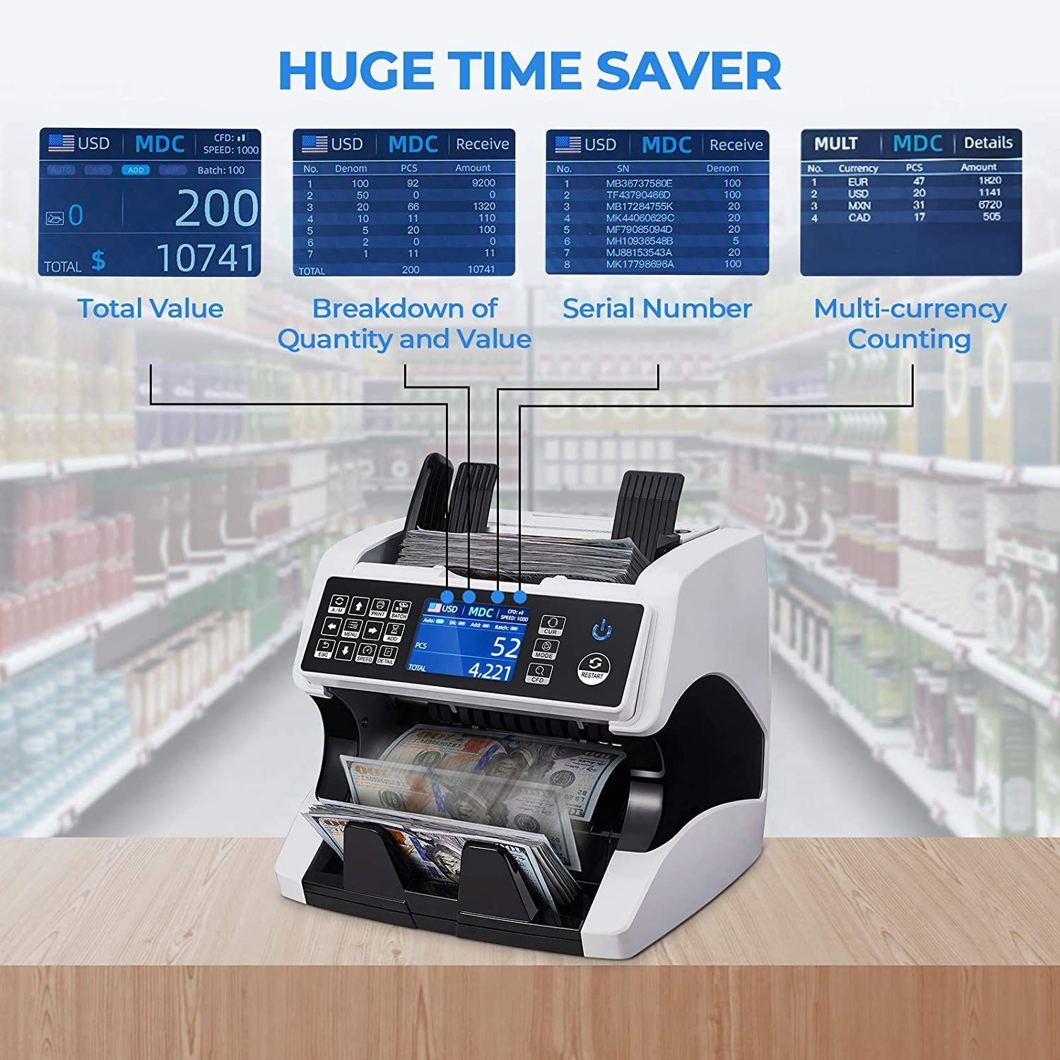 Multi-Currency Total Vertical Cash Register Dual CIS Image Recognition US Dollar Euro Multi-Currency Foreign Currency Cash Register