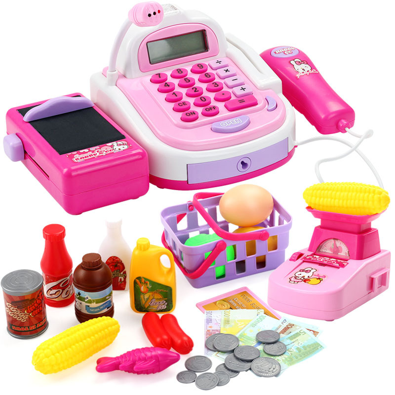 Children Play House Simulation Electric Cash Register Toy Supermarket Cashier Machine with Shopping Basket Gift Set Wholesale