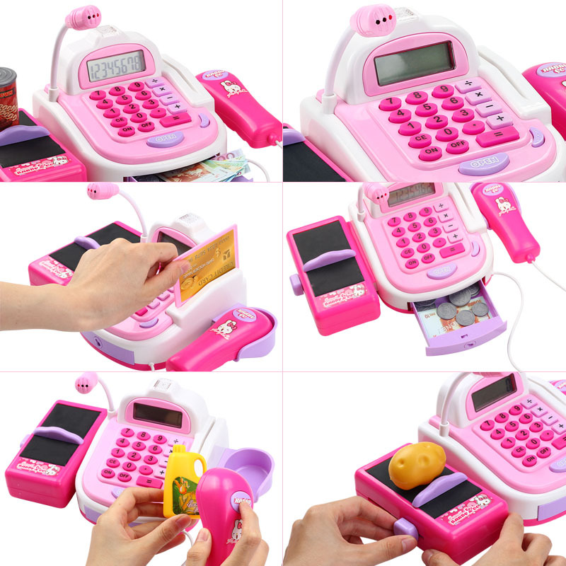Children Play House Simulation Electric Cash Register Toy Supermarket Cashier Machine with Shopping Basket Gift Set Wholesale