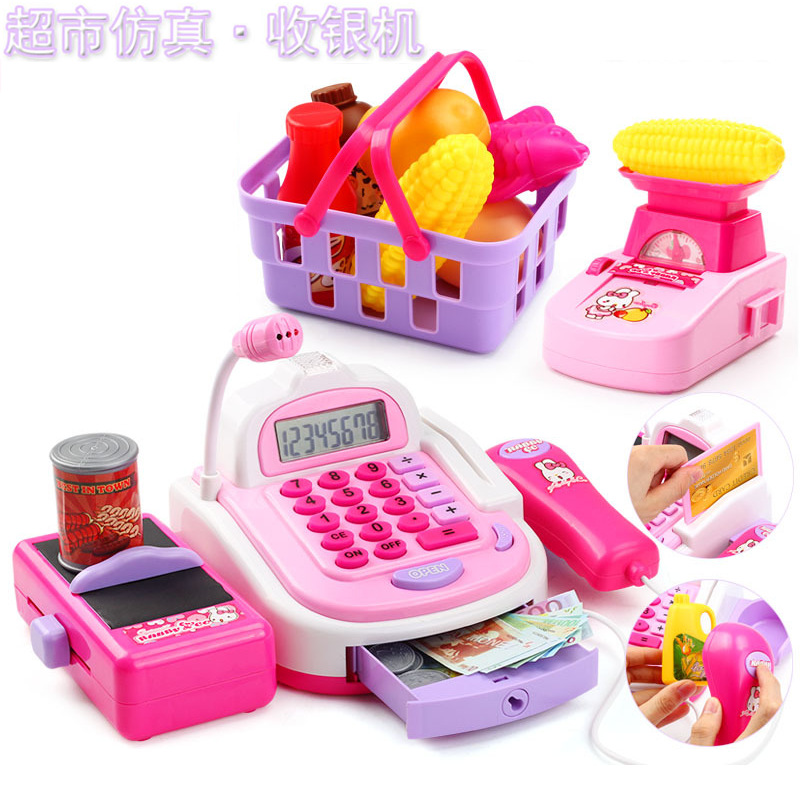 Children Play House Simulation Electric Cash Register Toy Supermarket Cashier Machine with Shopping Basket Gift Set Wholesale