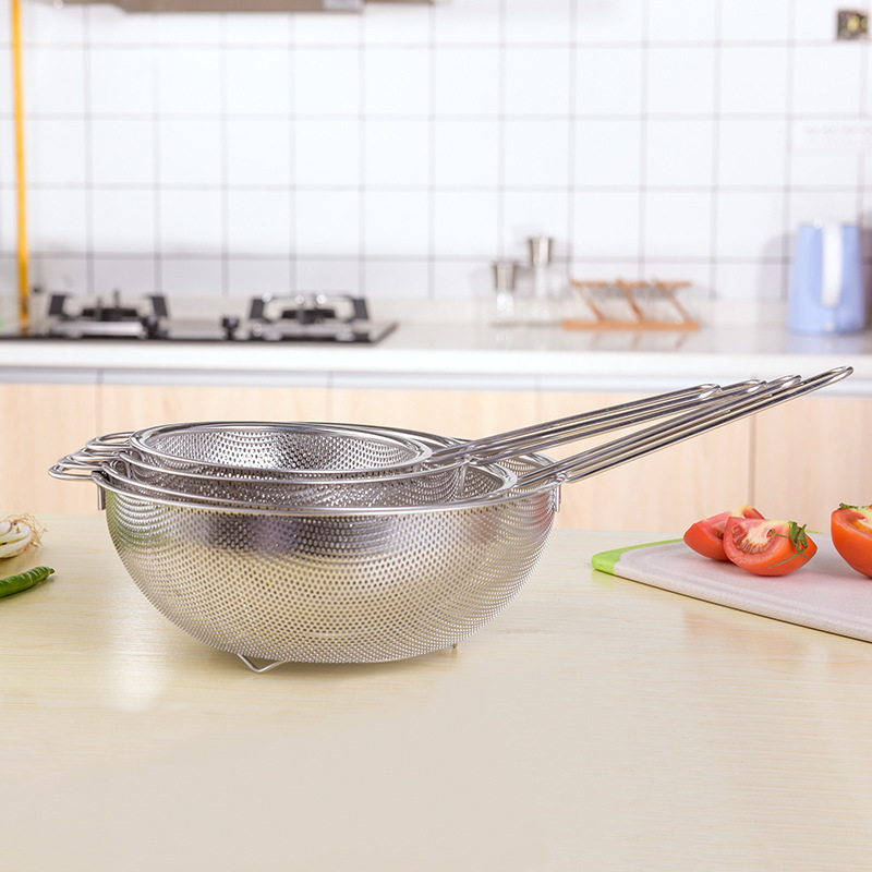 Stainless Steel Colander Boutique Punching Steel Sheet Oil Grid Kitchen Drain Basket with Silicone Handle Dense Drain Basket