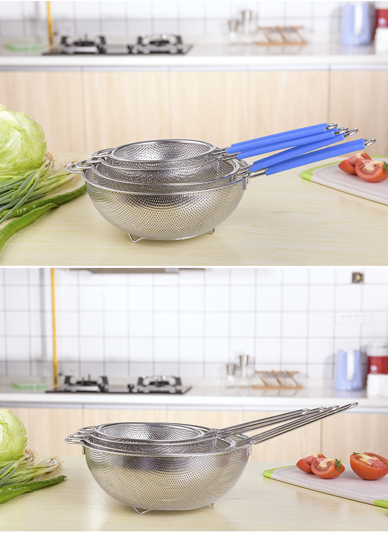 Stainless Steel Colander Boutique Punching Steel Sheet Oil Grid Kitchen Drain Basket with Silicone Handle Dense Drain Basket Stainless Steel Colander Boutique Punching Steel Sheet Oil Grid Kitchen Drain Basket with Silicone Handle Dense Drain Basket