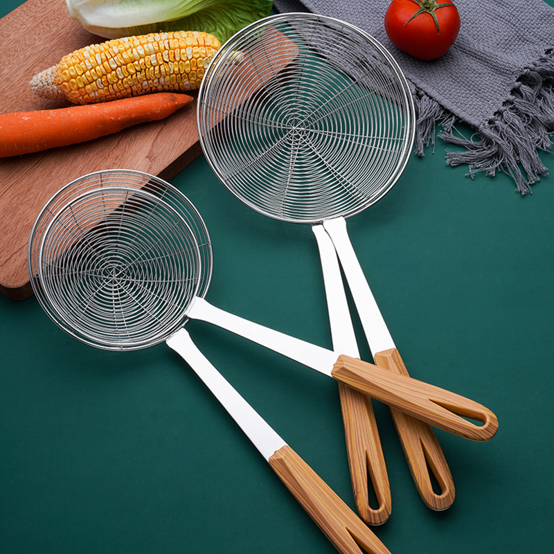 Stainless Steel with Hook Line Leakage Kitchen Fried Imitation Wood Grain Handle Hot Pot Spoon Colander Dumpling Noodles Strainer Drain Oil Strainer