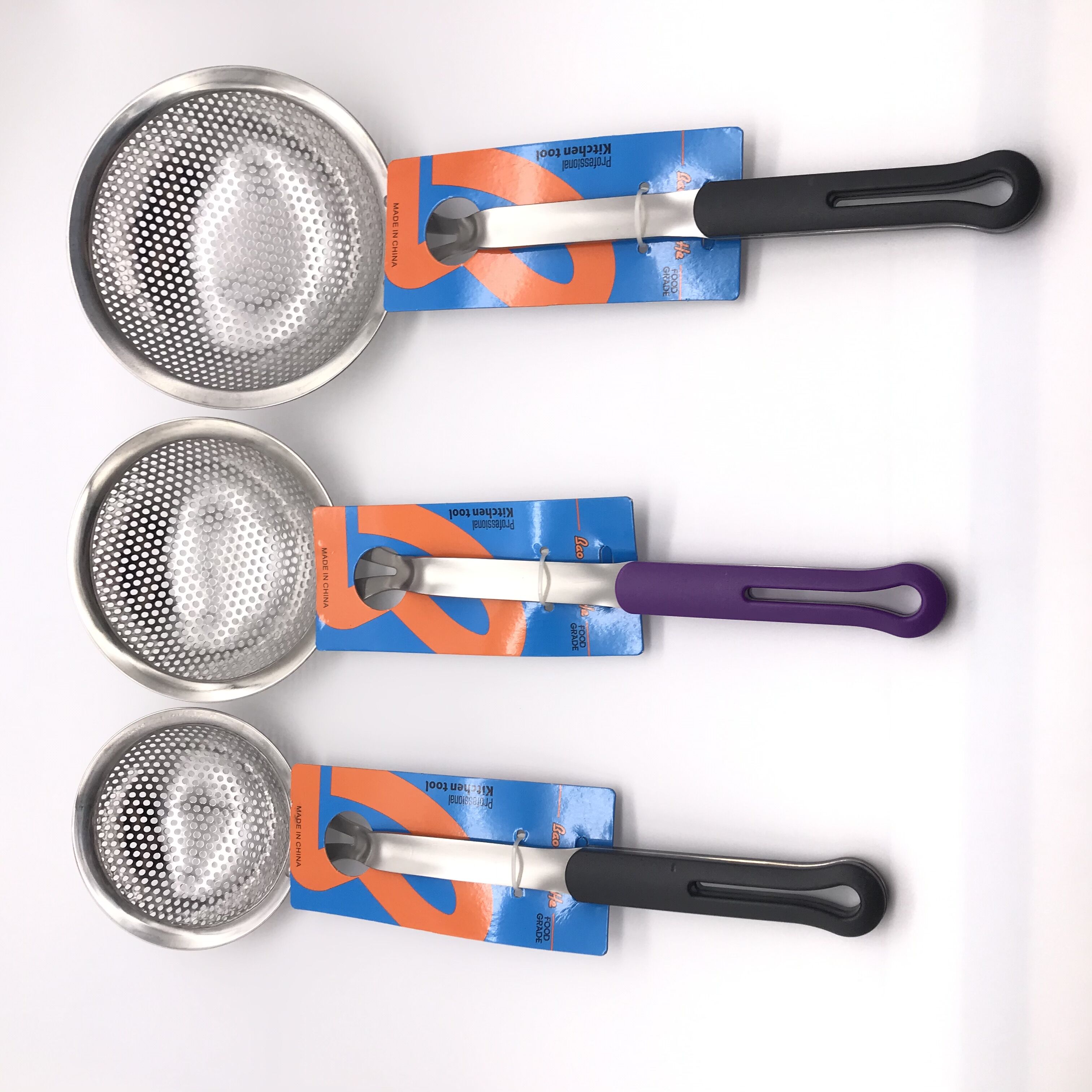 Stainless Steel Kitchen Supplies Hotel Supplies Anti-Scald Plastic Handle Color Handle 3cm Punching Depth Colander Stainless Steel Kitchen Supplies Hotel Supplies Anti-Scald Plastic Handle Color Handle 3cm Punching Depth Colander