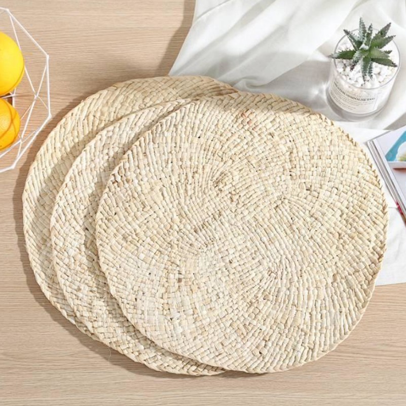 Japanese Natural Corn Leather Placemat Hand-Woven Thickening Heat Insulation Pad Hotel Restaurant round Western Food Saucers Coasters